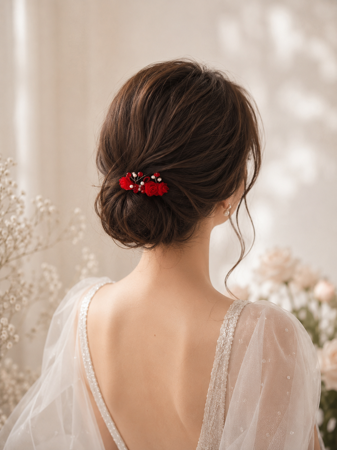 گیره شانه ای ، رز قرمز تور ، مروارید سفید ، منجق قرمز
