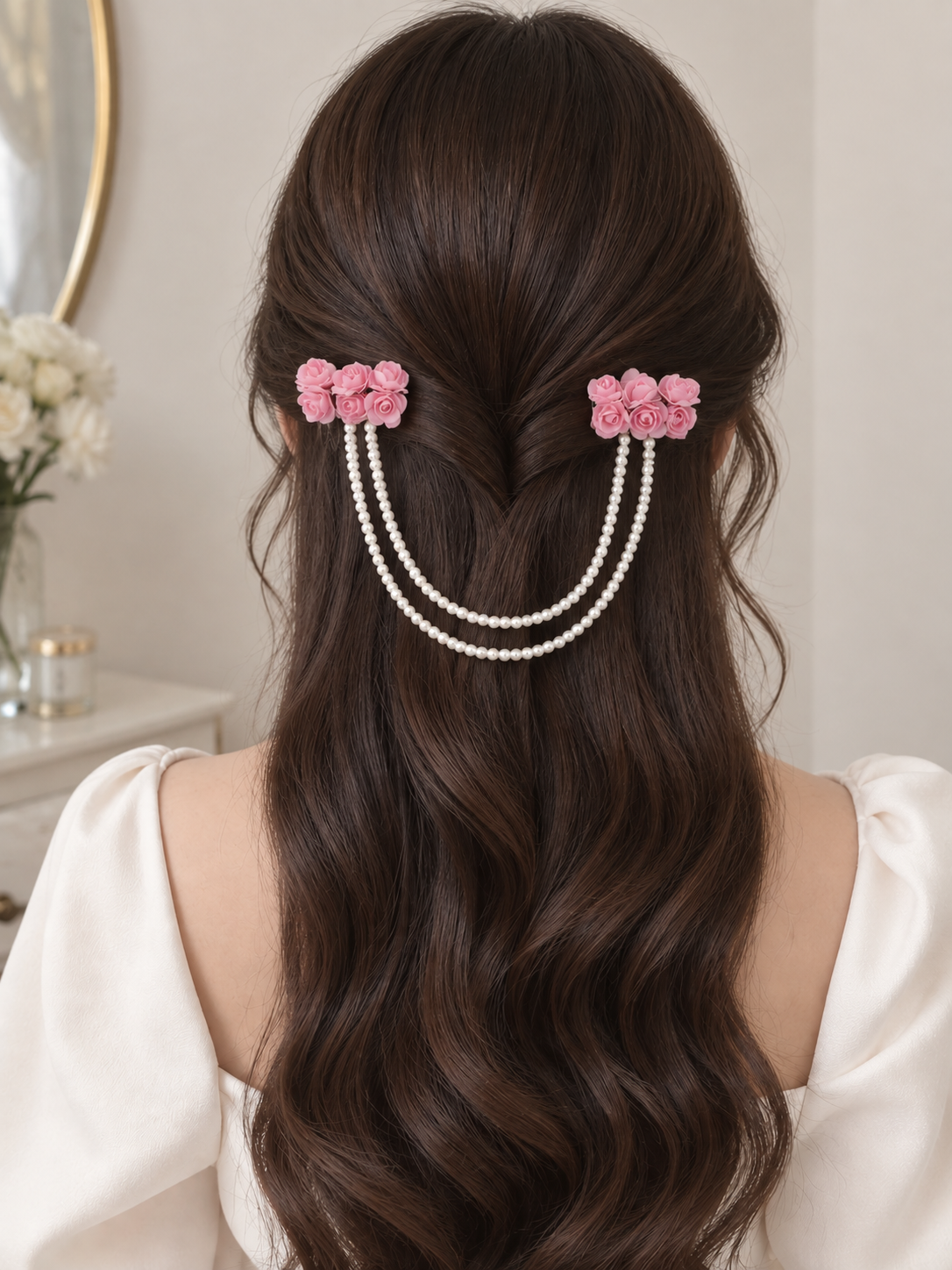 🌸🤍 گل‌سر «افسون مرواریدیِ باغ رز صورتی» 🌸🦢